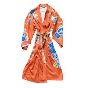 Solo Seta Silk Floral Robe Kimono Belted Orange Blue Size XL
